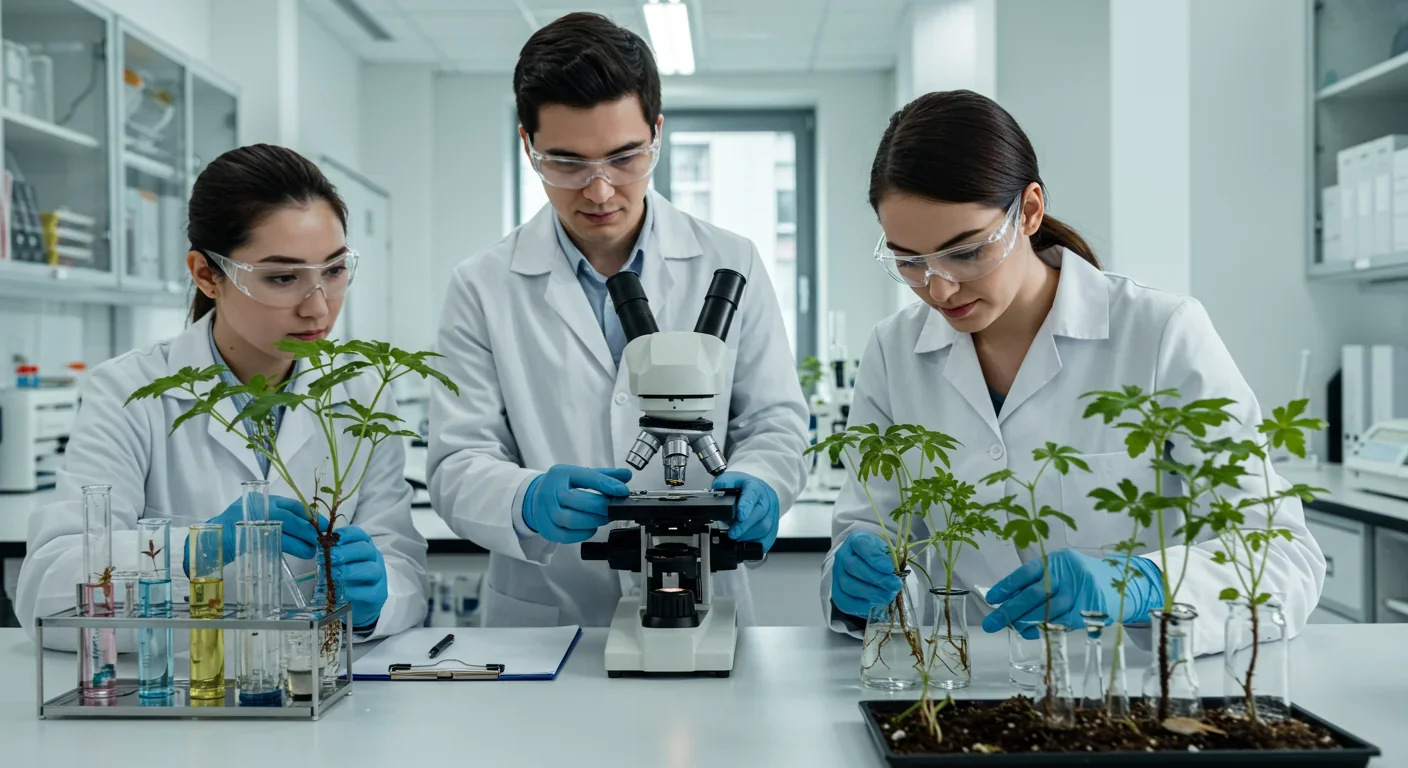 Scientists examining plant root and fungal samples in modern research laboratory