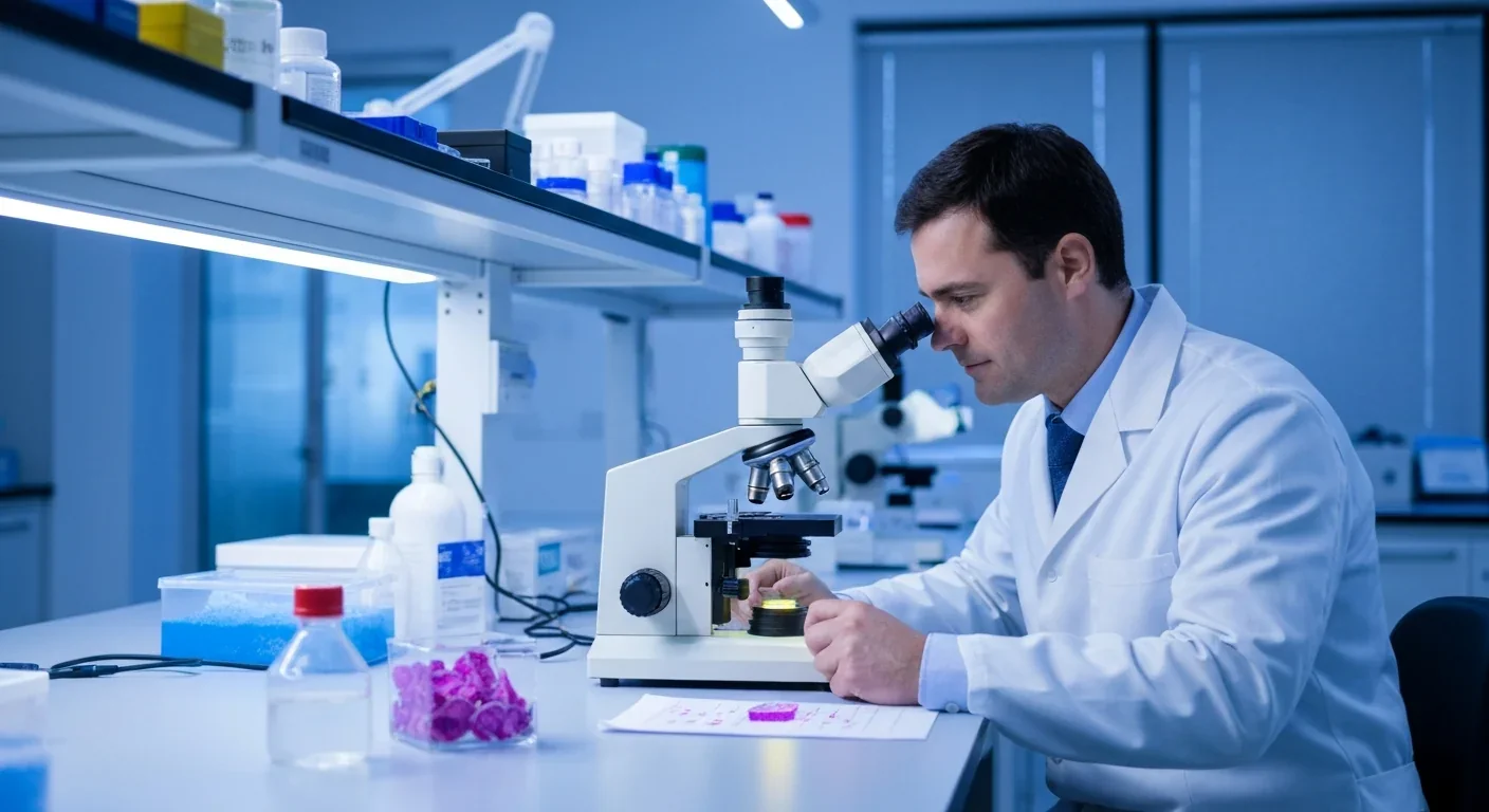 Scientist examining tissue samples under a fluorescence microscope in a modern research lab