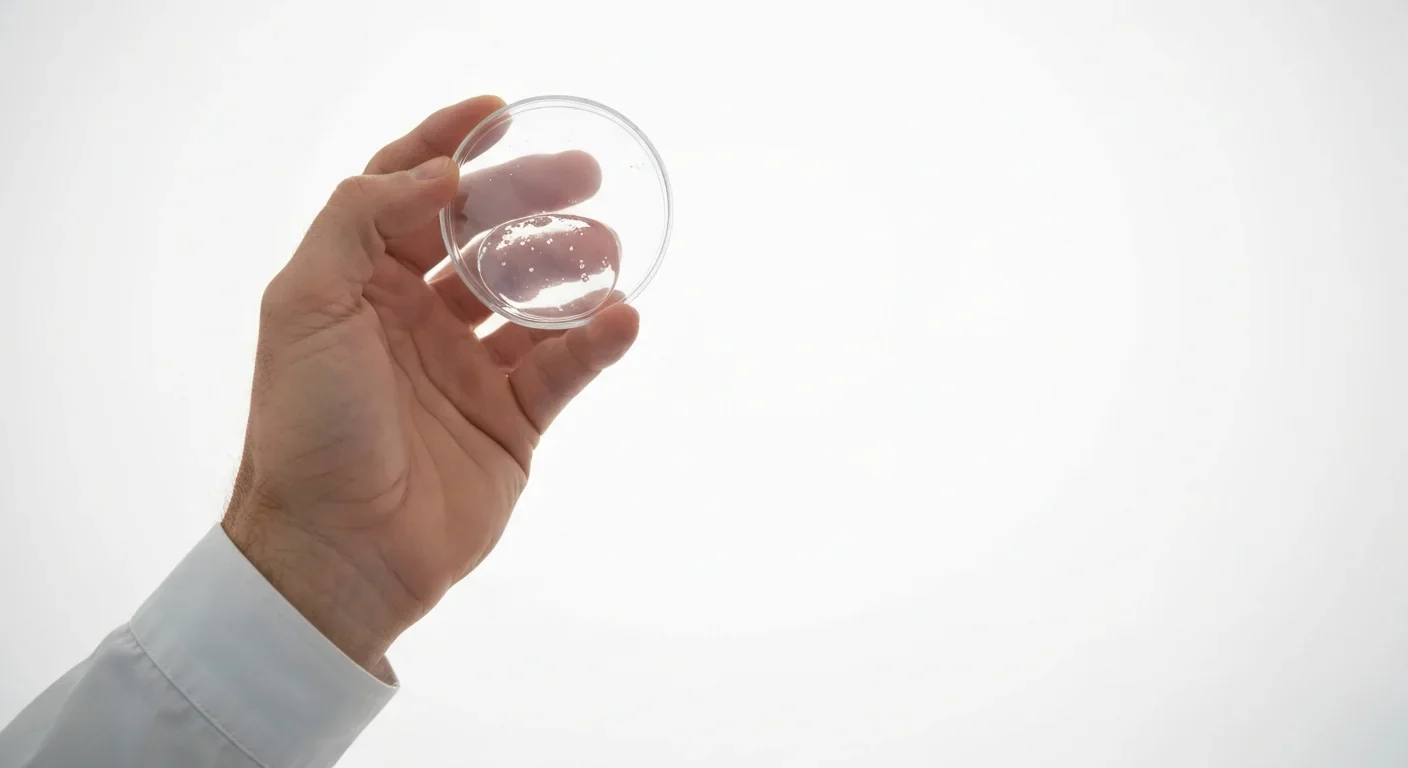 Clear gel substance in a petri dish held by a researcher, representing hyaluronic acid samples