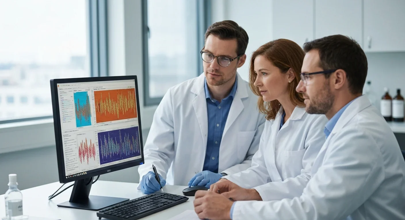 Two scientists reviewing gene sequencing data on a computer monitor in a genetics laboratory