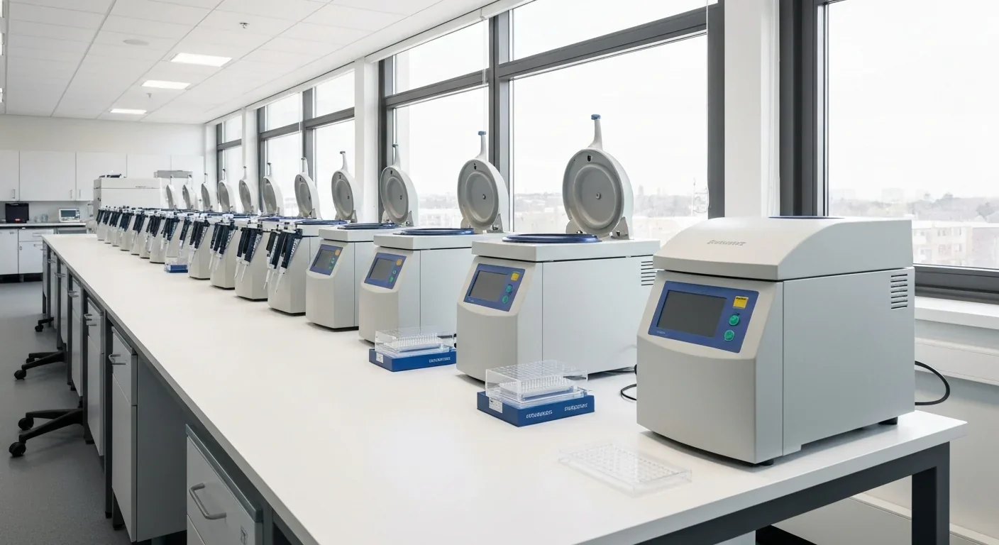 Modern pharmaceutical laboratory equipment arranged on a clean bench in a research facility