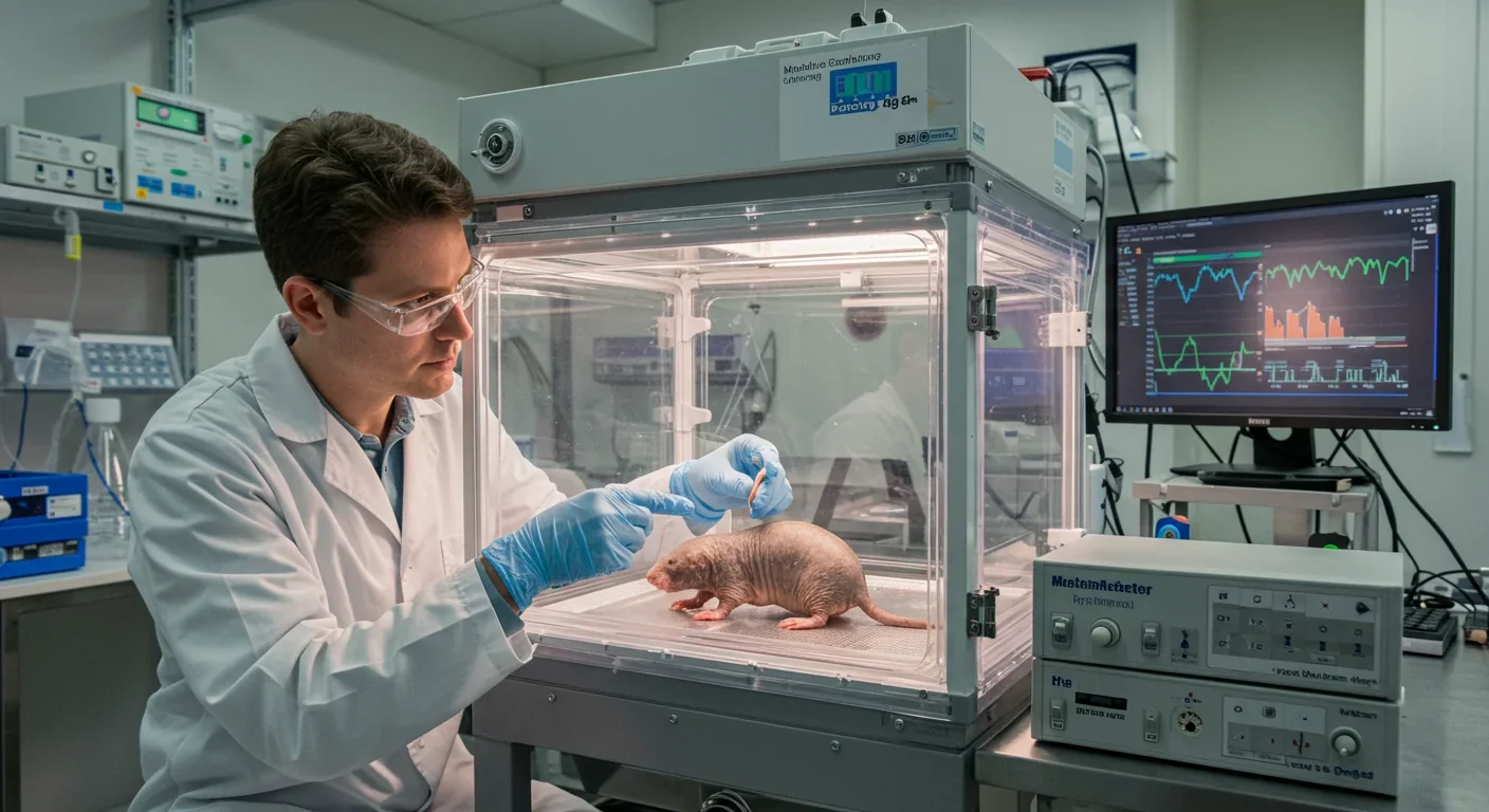 Scientist studying naked mole rat metabolism in a modern research laboratory with monitoring equipment