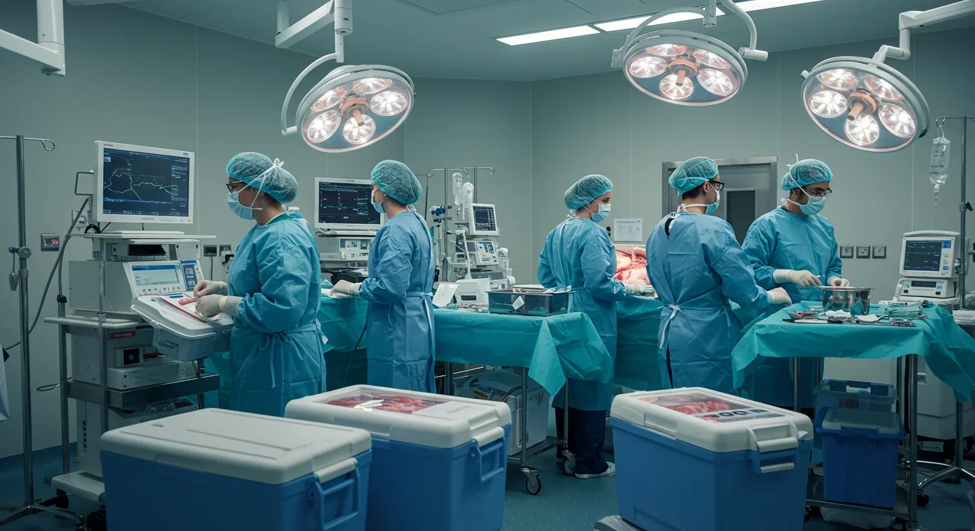 Surgeons preparing for organ transplant surgery in a modern hospital operating room
