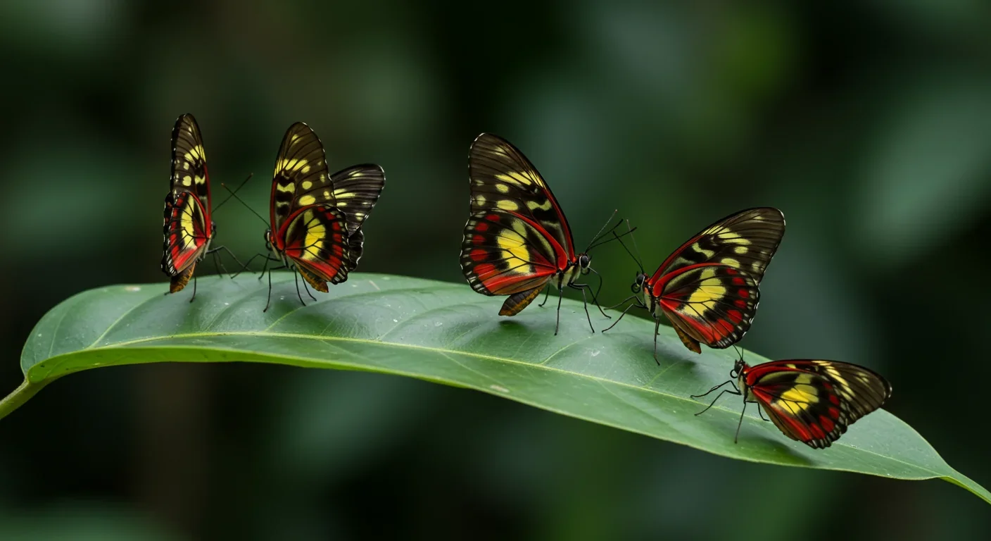 Multiple Heliconius butterfly species displaying identical red and yellow warning patterns in Amazon rainforest