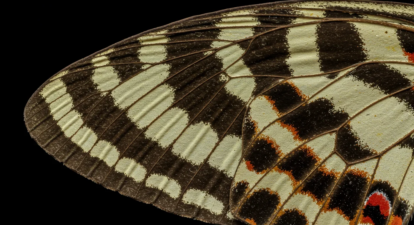 Close-up of butterfly wing showing genetic pattern control in mimicry ring evolution