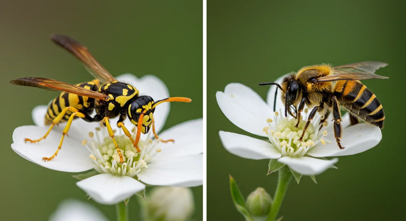 Wasp and bee displaying identical black and yellow warning stripes in natural pollination behavior