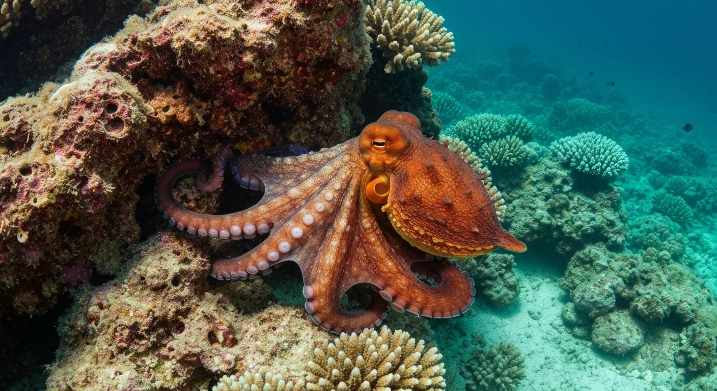 Octopus demonstrating color-matching camouflage against rocky coral background underwater