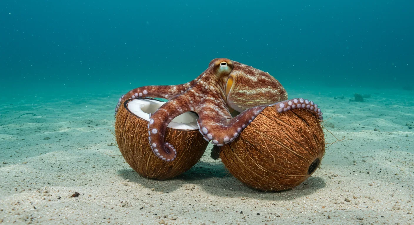 Veined octopus carrying coconut shell halves across seafloor demonstrating tool use and future planning behavior