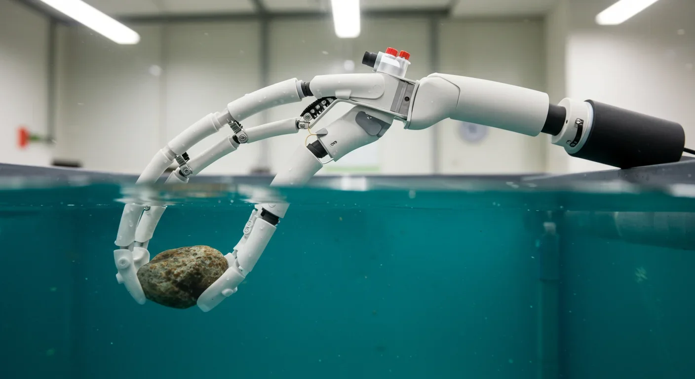 Octopus-inspired soft robotic arm with distributed sensors and flexible segments grasping object underwater