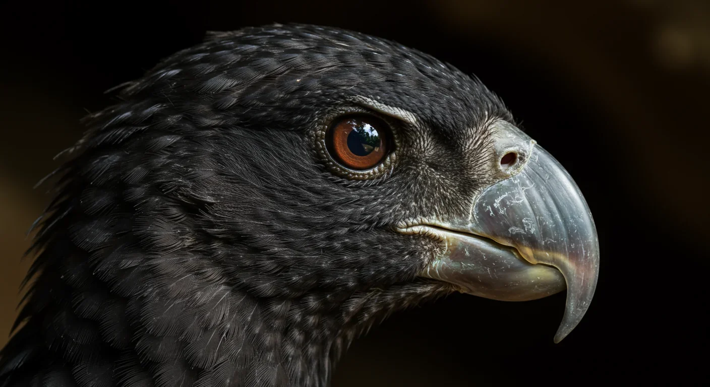 Close-up of oilbird head showing large eye adapted for night vision and hooked beak