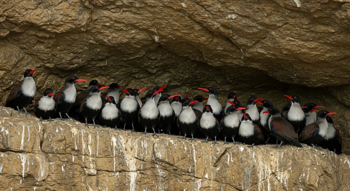 Colony of oilbirds roosting together on cave ledges demonstrating social behavior