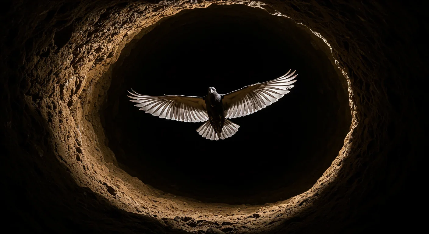 Oilbird flying through cave passage with wings spread showing specialized flight adaptations
