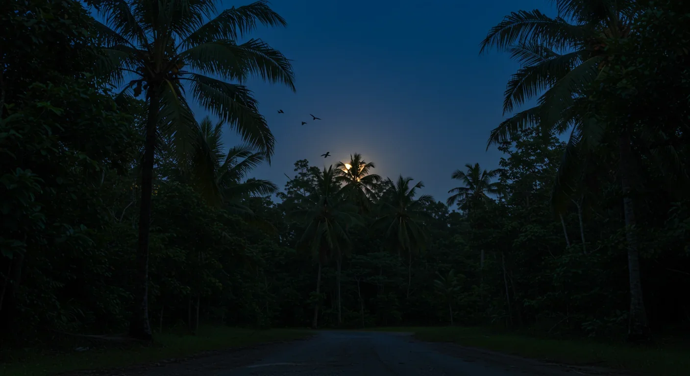 Night view of tropical rainforest with fruiting palm trees where oilbirds forage