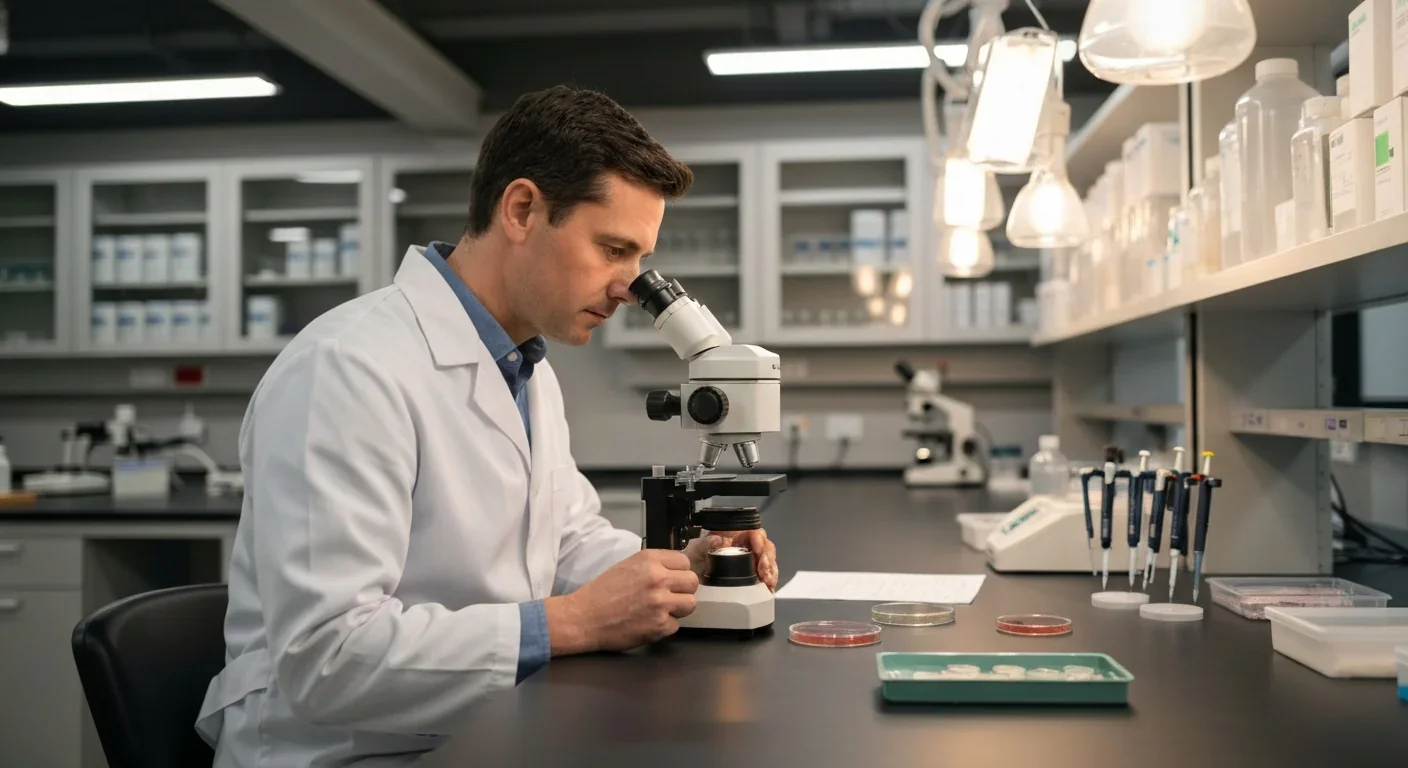 Scientist examining insect specimens under a stereo microscope in a biology research laboratory
