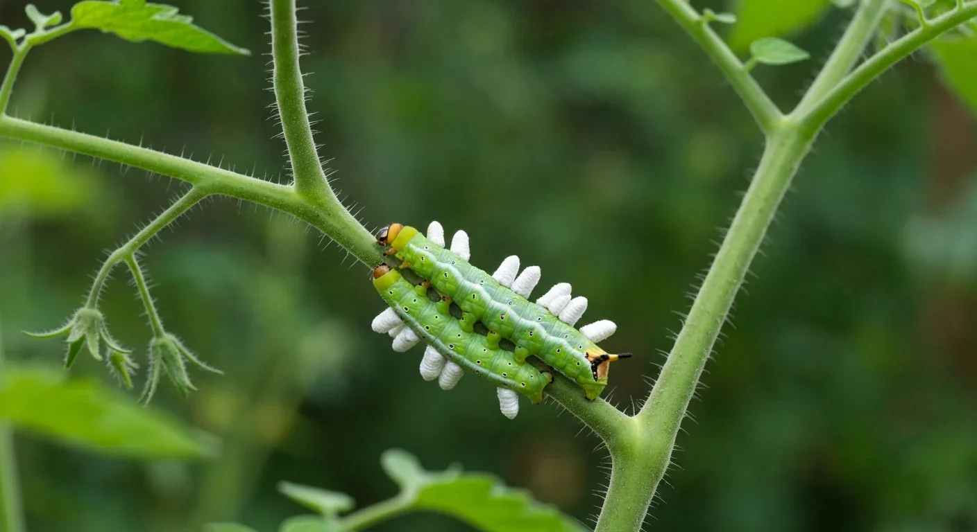 Tobacco hornworm caterpillar bearing white parasitoid wasp cocoons on a tomato plant stem