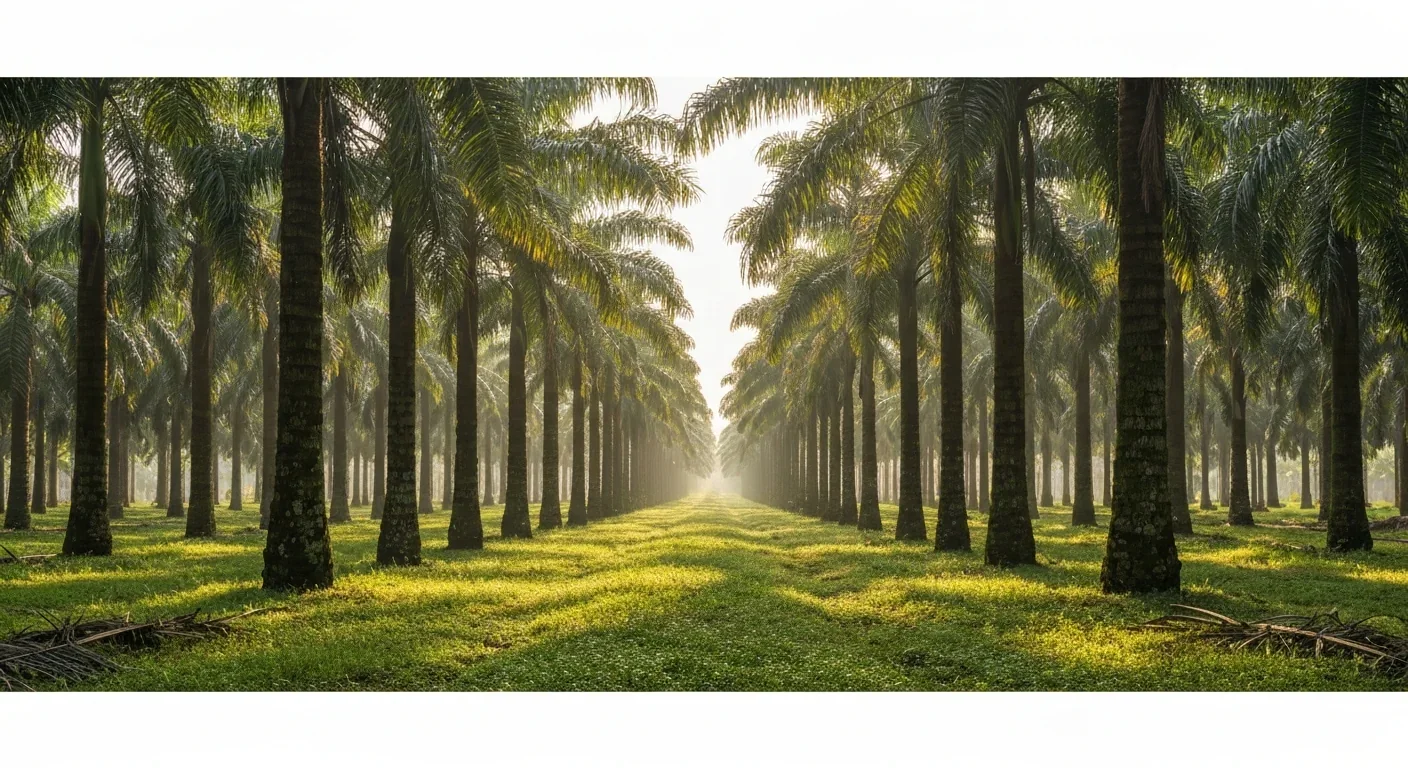 Rows of oil palm trees in a Malaysian plantation under golden morning light