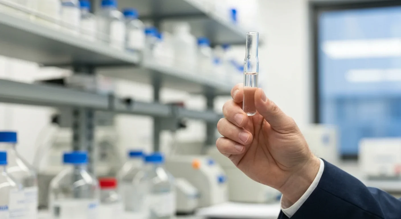 Researcher holding a glass vial containing a liquid specimen in a pharmaceutical laboratory