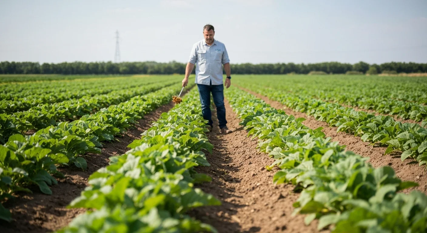 Agricultural researcher deploying parasitoid wasps for sustainable biological pest control in crop field
