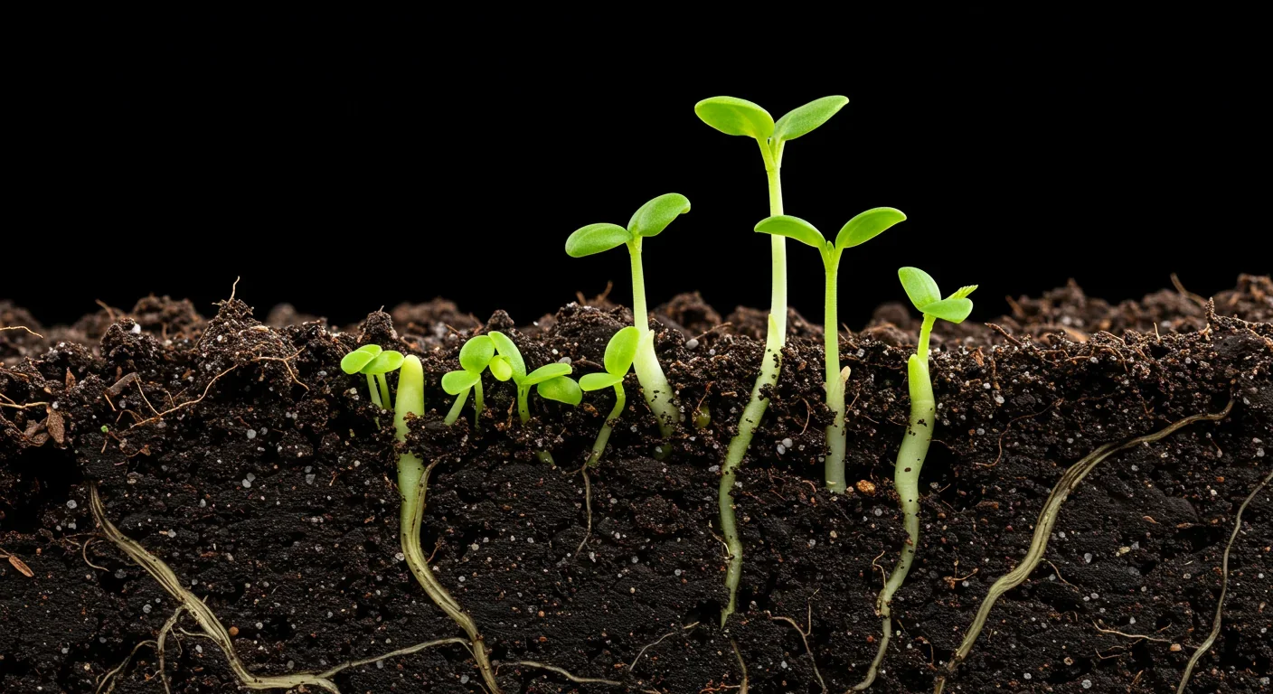 Close-up of plant roots penetrating contaminated soil during phytoremediation process