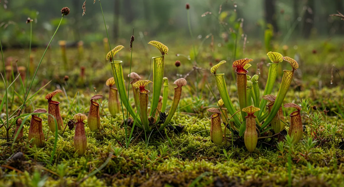 Wild pitcher plants thriving in their natural wetland habitat surrounded by diverse vegetation