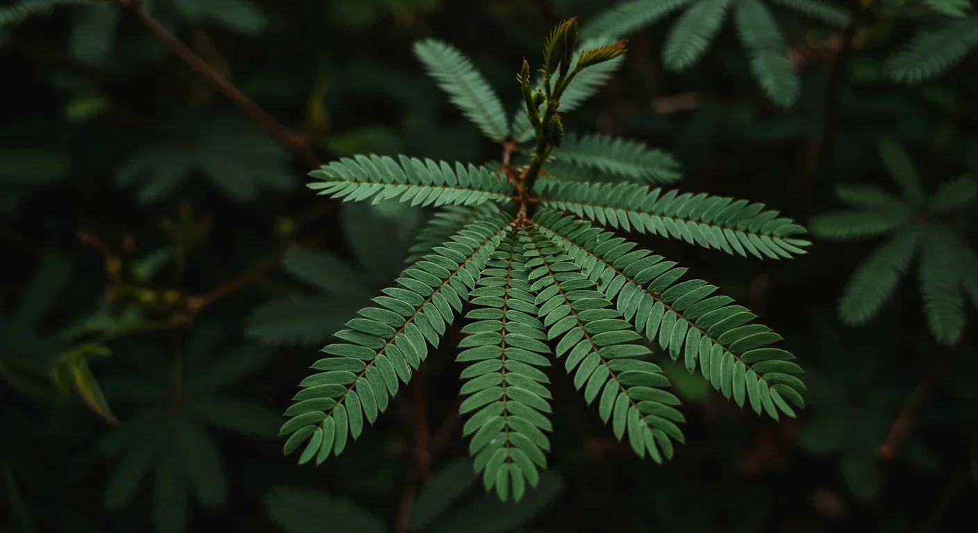 Mimosa pudica plant with open compound leaves showing detailed leaflet arrangement