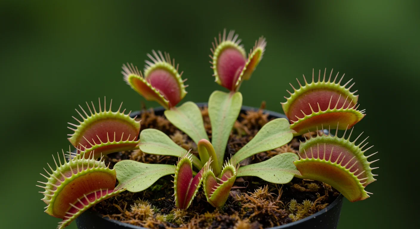 Venus flytrap showing open trap lobes with visible trigger hairs