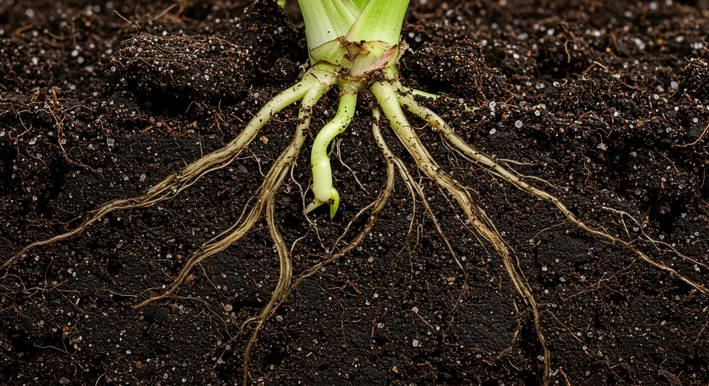 Detailed view of plant roots growing through soil showing root hair structure