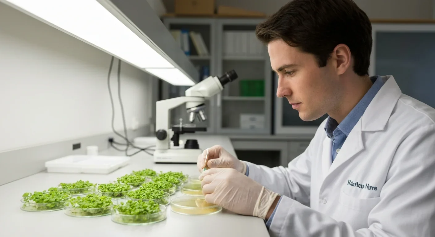 Scientist examining Arabidopsis plants in petri dishes in a genetics research laboratory
