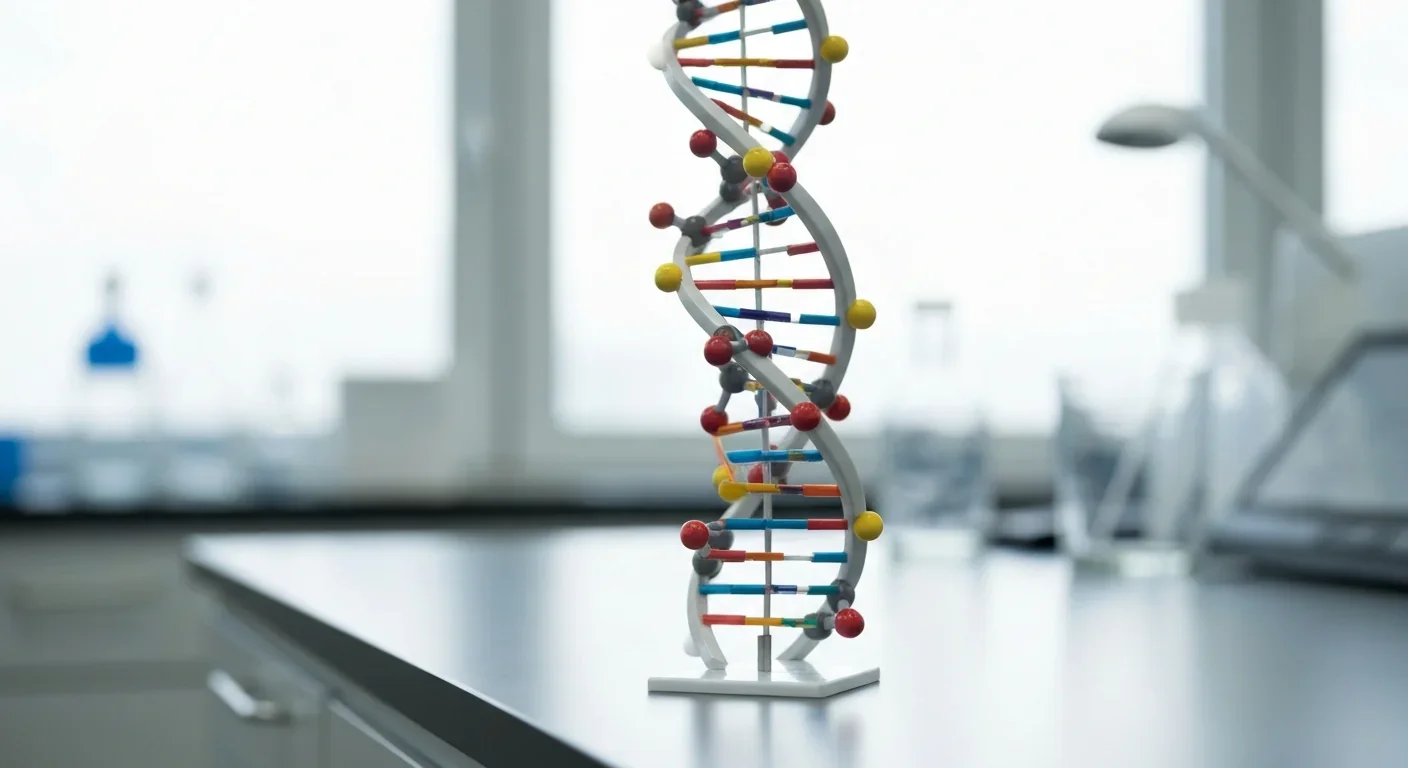 DNA double helix model with attached methyl group markers on a laboratory bench illustrating epigenetic modifications