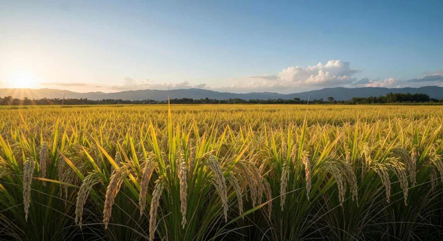 Golden rice paddy field at sunset with mature grain-heavy stalks and mountains in the background