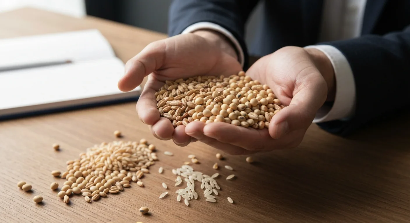 Adult hands cupping a variety of crop seeds including wheat rice and soybean over a wooden surface