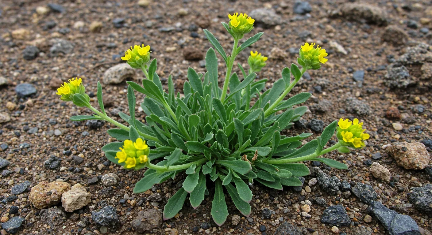 Alyssum bertolonii hyperaccumulator plant with yellow flowers in serpentine soil
