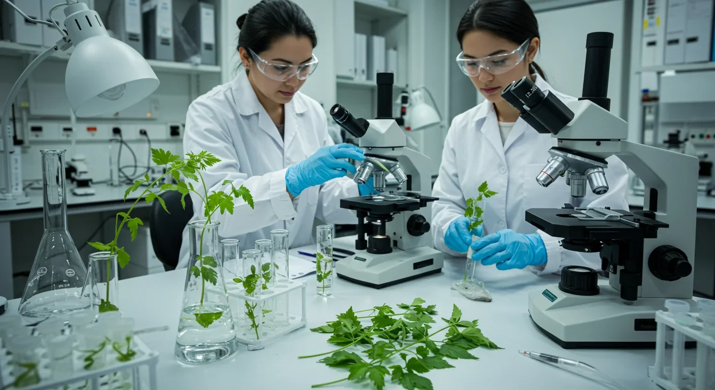 Researchers analyzing metal content in hyperaccumulator plant tissue samples