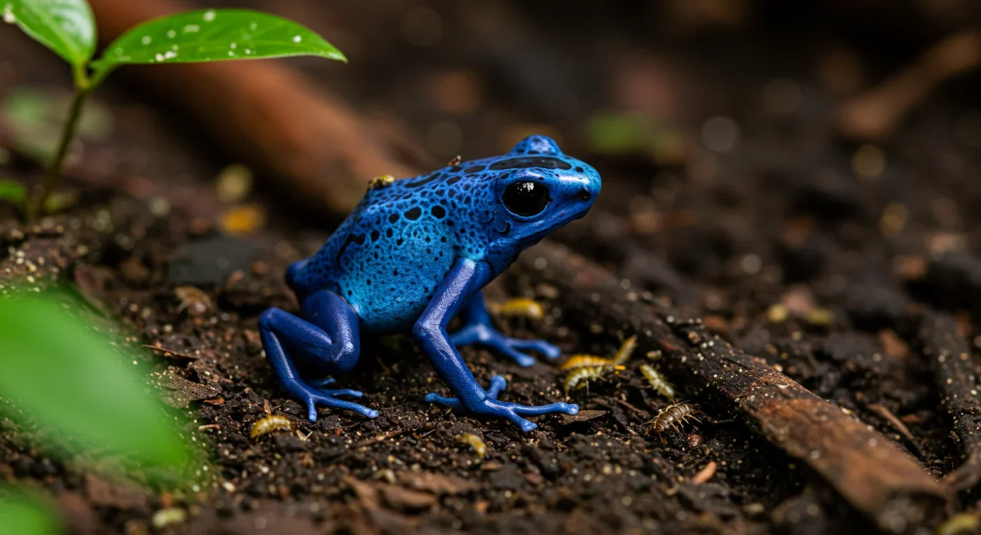Blue poison dart frog in its natural forest floor habitat near potential prey