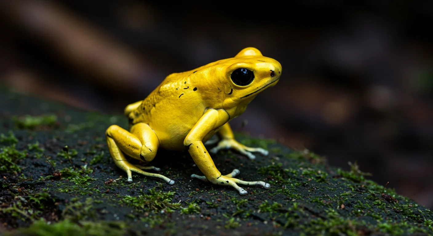 Golden poison frog displaying brilliant yellow warning coloration in natural habitat