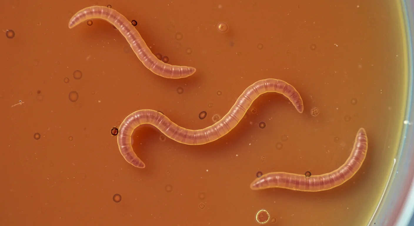 Microscopic C. elegans worms on laboratory culture plate used in heredity research