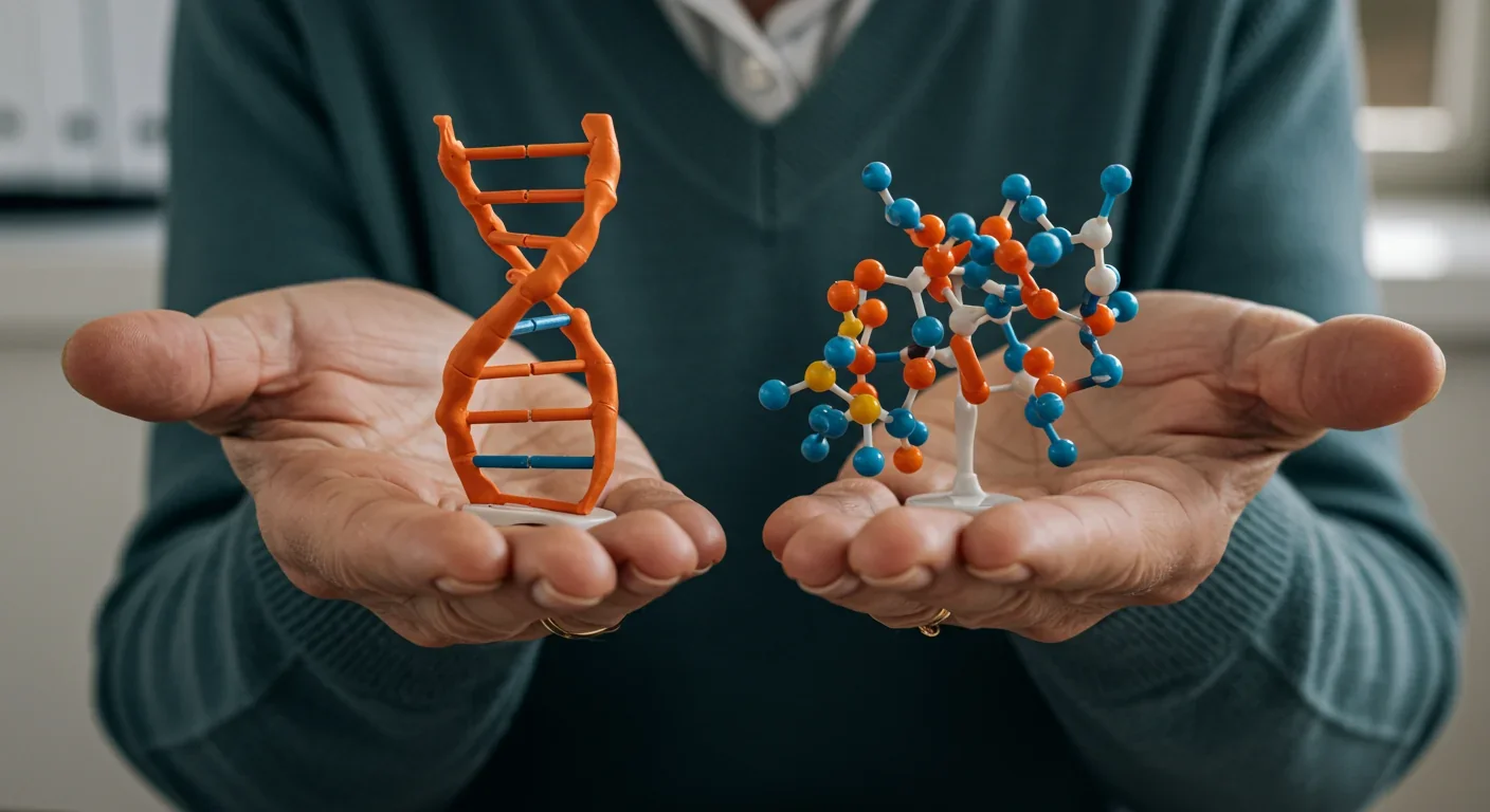 Hands holding DNA and protein molecular models representing genetic and protein-based inheritance