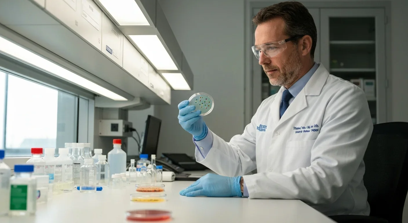 Researcher examining melanized fungal cultures in laboratory setting