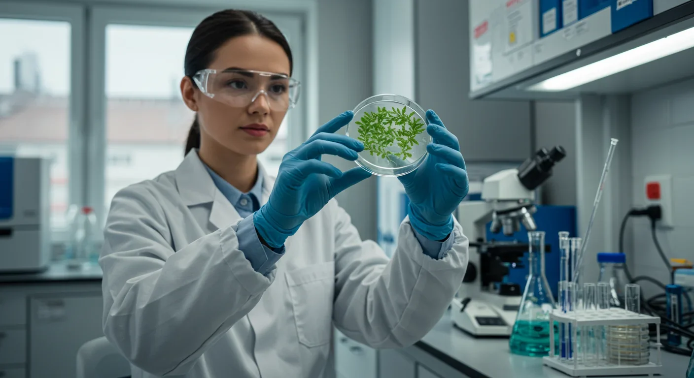 Scientist examining green plant tissue samples in laboratory with genomic sequencing equipment for drought tolerance research