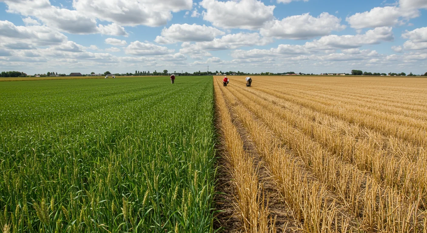 Side-by-side comparison of healthy green wheat field next to drought-damaged brown field showing agricultural water scarcity impact