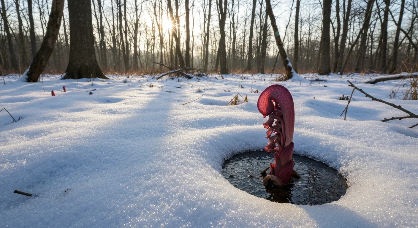 Eastern skunk cabbage emerging through snow with a melted circle around its base in a winter wetland