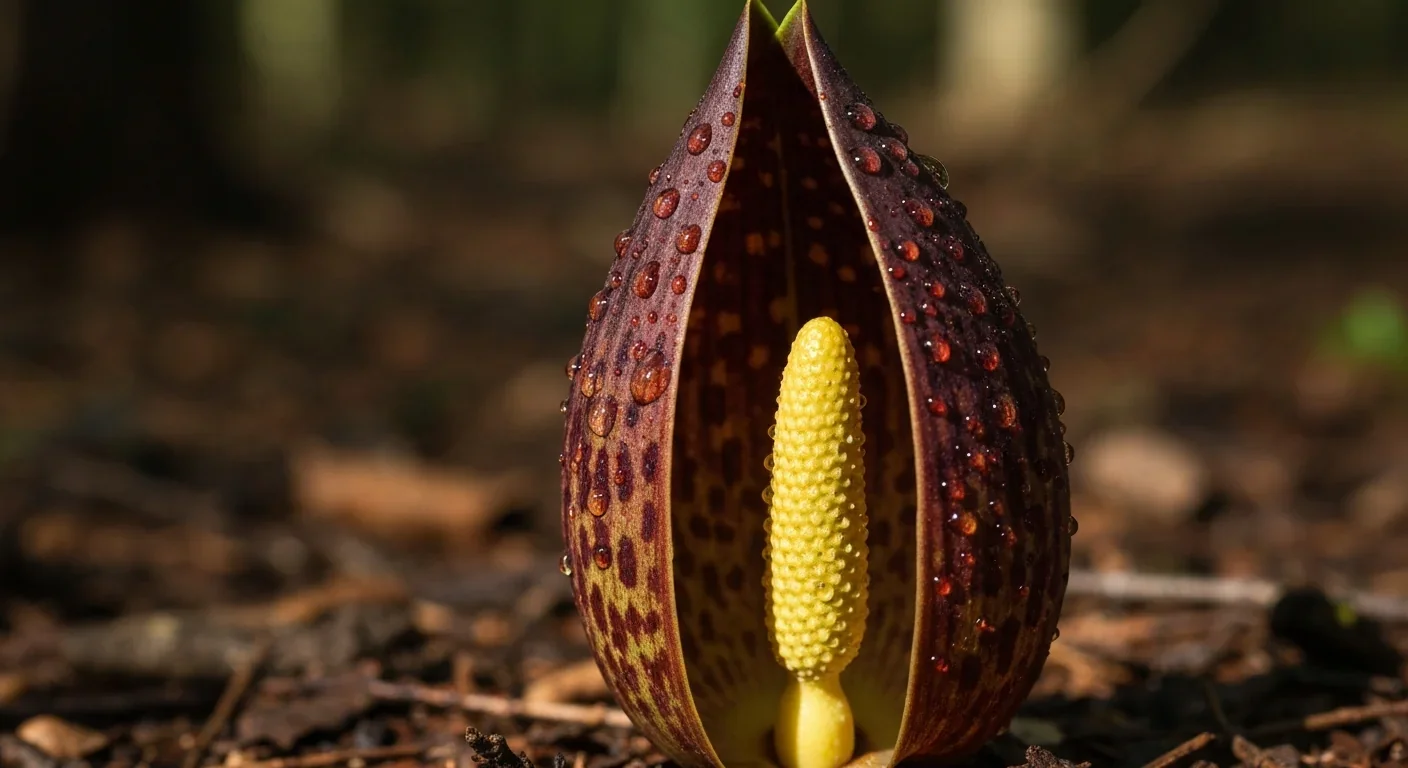 Close-up of skunk cabbage spathe revealing the heat-generating spadix inside