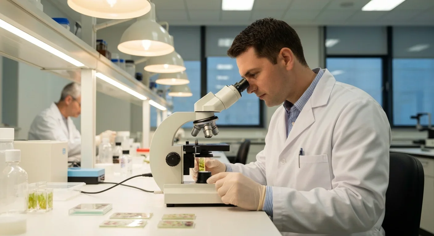 Scientist examining plant tissue samples under a microscope in a biology laboratory