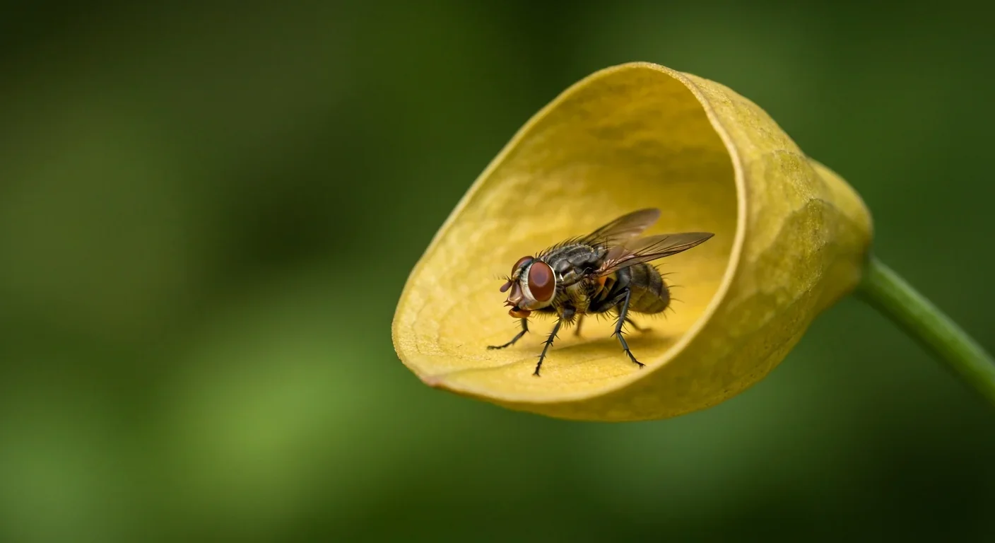 A fly visiting the warm spadix of a skunk cabbage for shelter and pollination