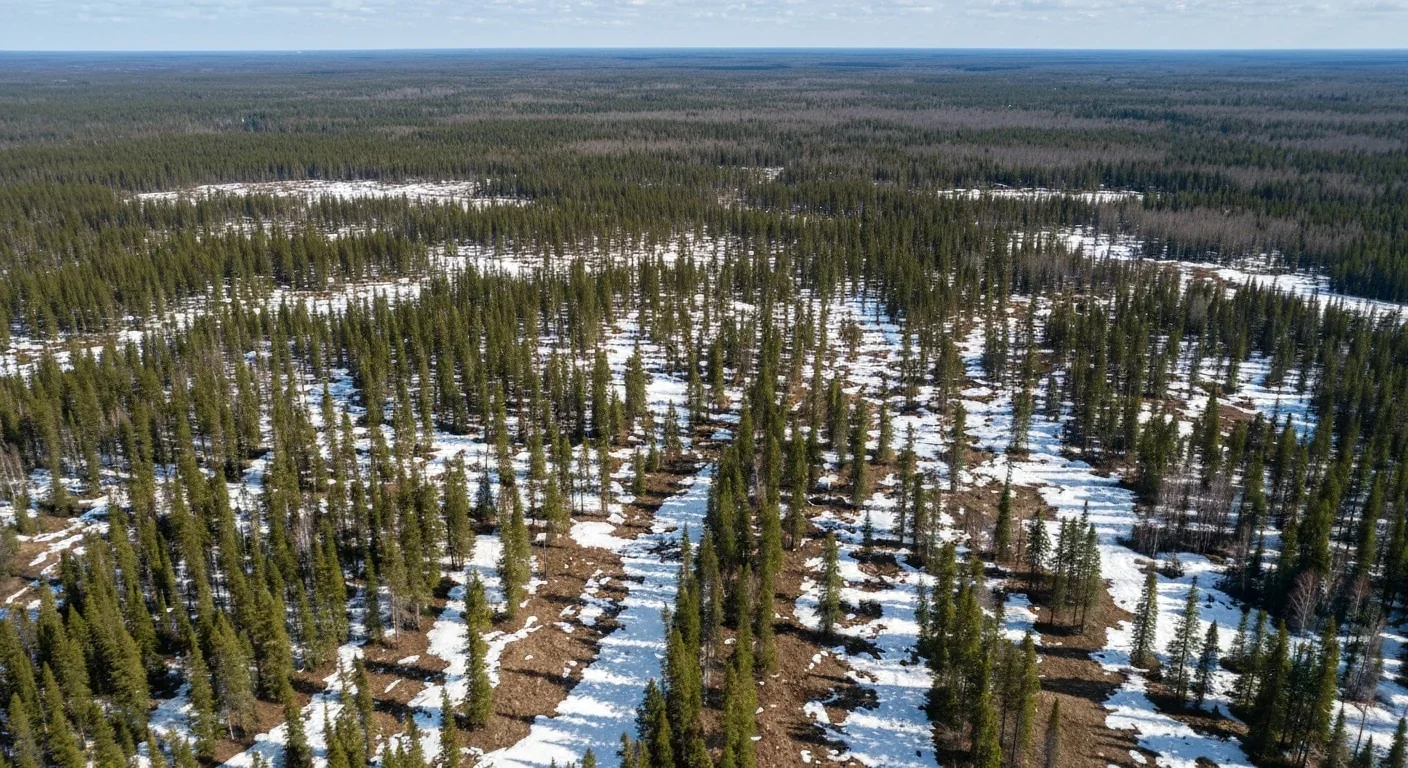 Aerial view of boreal forest with patchy snow cover and brown ground visible during early spring thaw