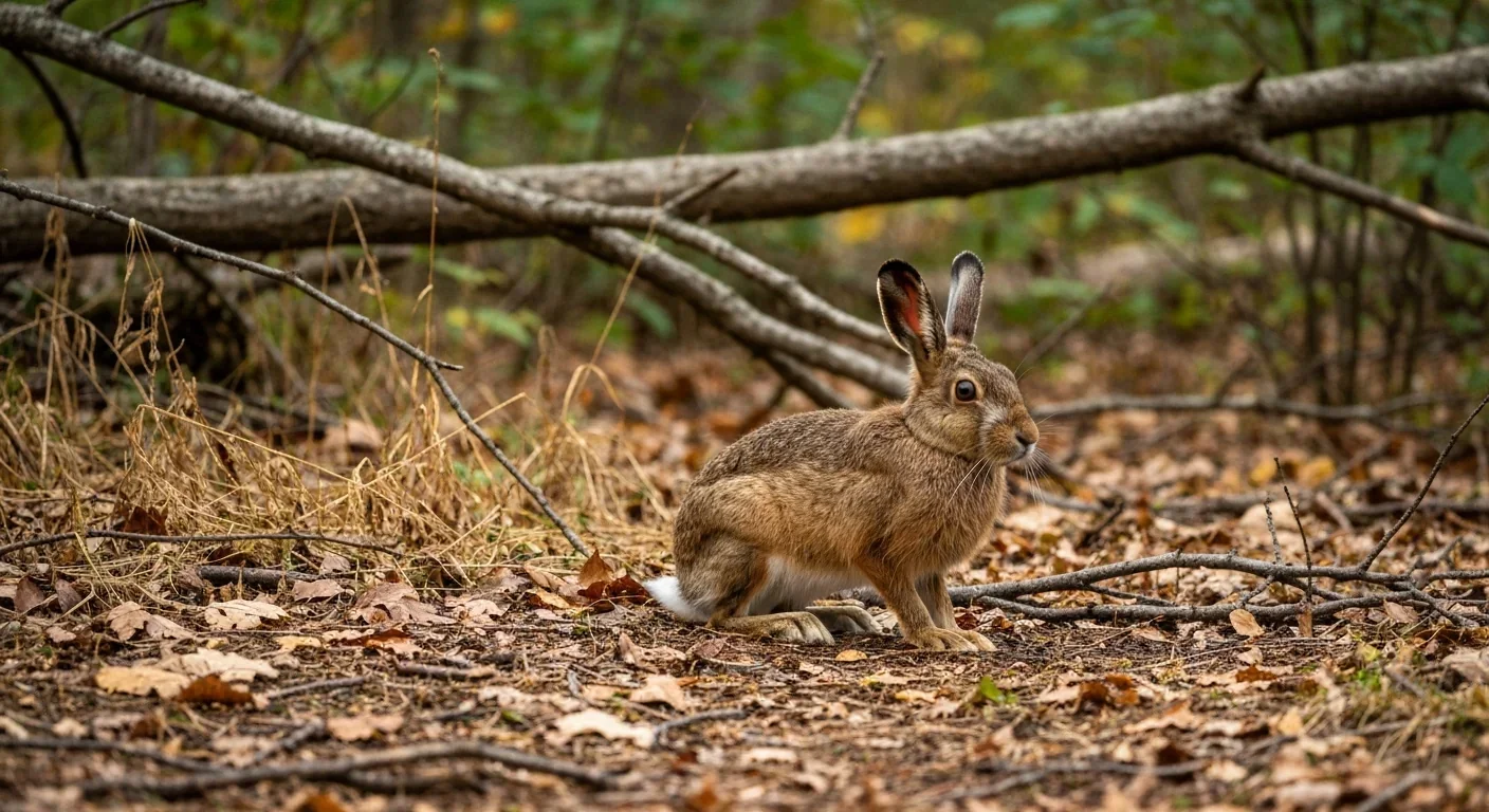 Brown snowshoe hare blending perfectly into autumn leaf litter on a forest floor