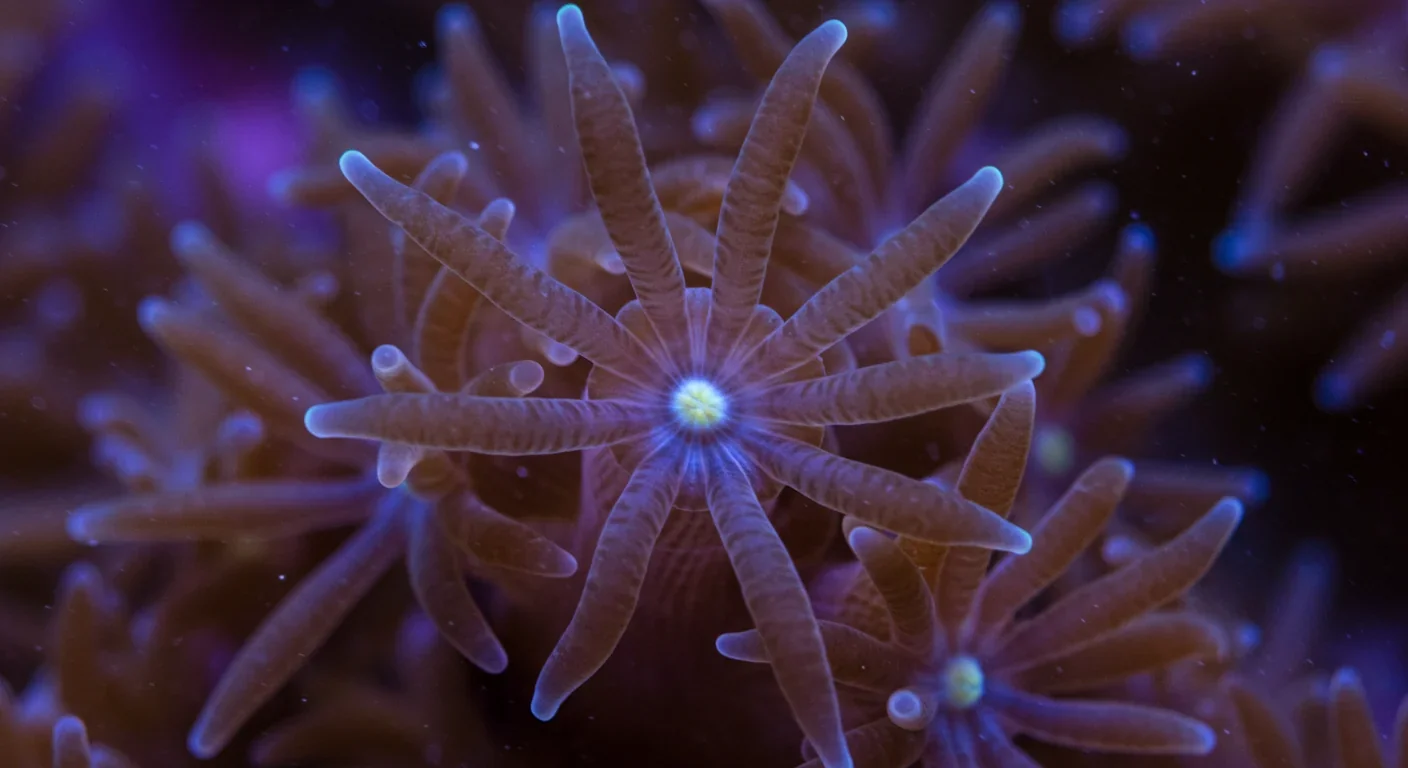 Detailed close-up of octocoral polyps showing extended tentacles and tissues containing symbiotic zooxanthellae algae