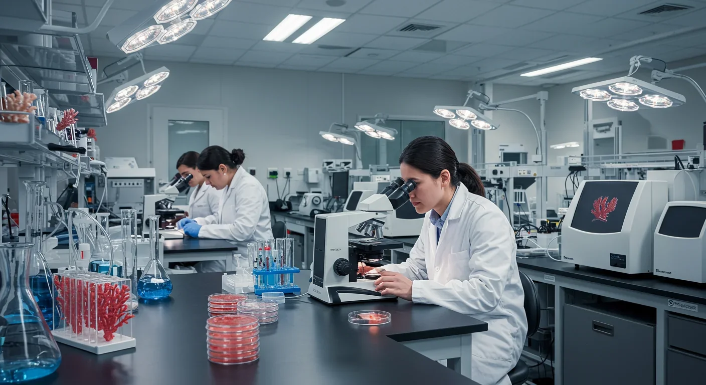 Marine researchers analyzing soft coral samples in a modern laboratory setting for pharmaceutical compound discovery