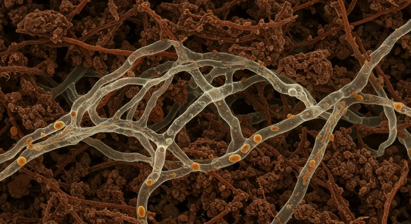 Microscope image of mycorrhizal fungal hyphae connecting plant roots in soil matrix