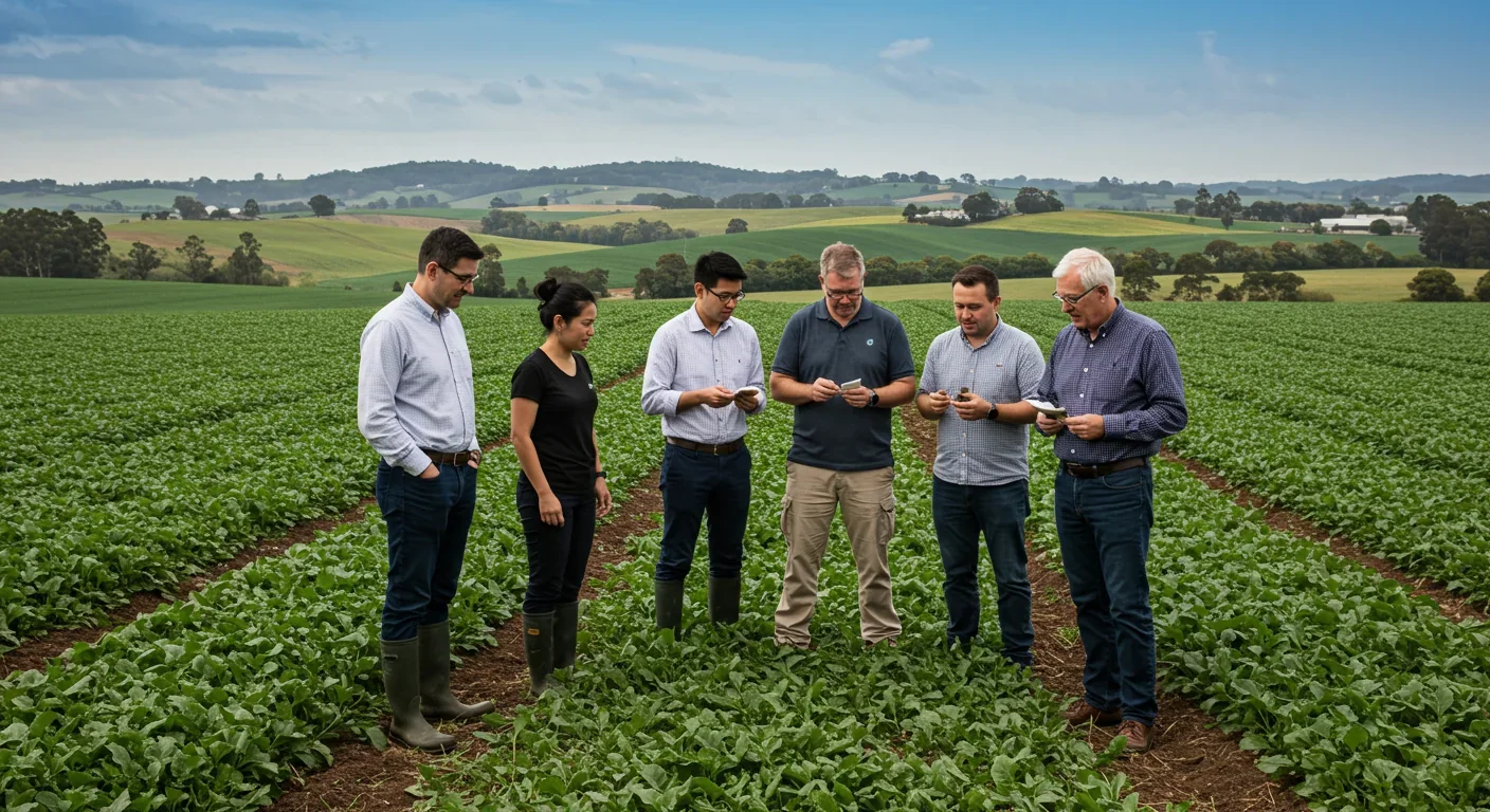 Farmers practicing regenerative agriculture by examining soil in diverse cover crop field